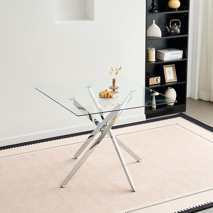 36" Square Glass Dining Room Table for 4 with Tempered Glass Top and Silver Chrome Metal Legs, Modern Clear Kitchen and Dinner Table for Home Office Dining Room
