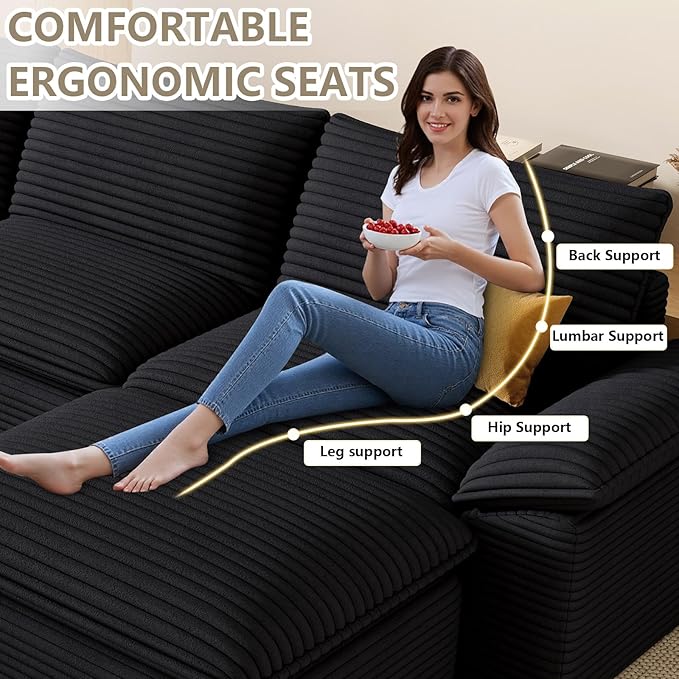 111" Cloud Sectional Couch with U-Shaped Chaise, Corduroy Sectional Sofa with Ottoman, Boneless Couch with Deep Seat in a Box for Living Room, No Assembly Required (Black)