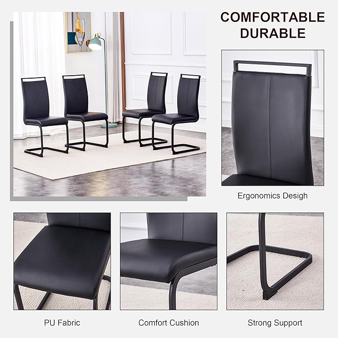 71" Dining Table Set for 8, Black Faux Marble Dining Room Table Set for 8, Large Rectangular Kitchen Table Set and PU Leather Chairs,Glossy Tempered Glass Table with Black Leg