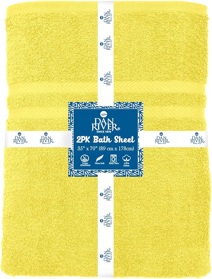 DAN RIVER 2 Pack Luxury Bath Sheets 35x70, 600 GSM, Soft & Quick Dry 100% Ring Spun Cotton Towels Ideal for Hotels, Spas, Gyms & Salons Extra Large, Yellow