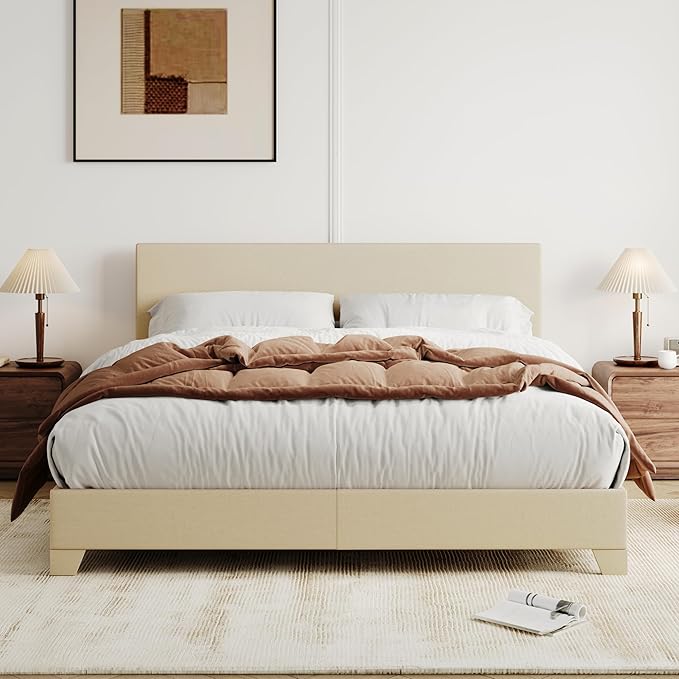 Allewie Queen Size Bed Frame with Adjustable Headboard, Upholstered Platform Bed with Wood Slats, Heavy Duty Mattress Foundation, No Box Spring Needed, Noise-Free, Easy Assembly, Beige