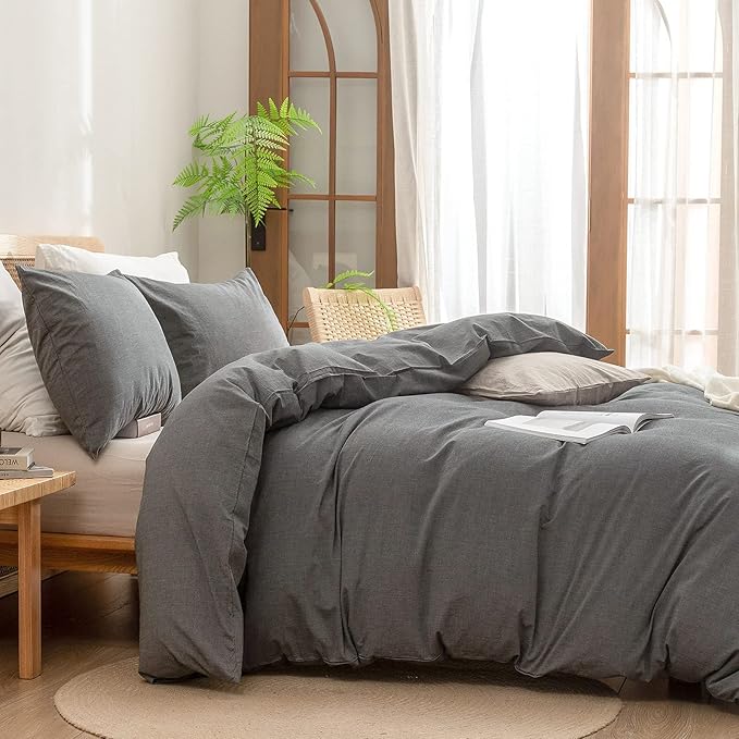 BESTOUCH Duvet Cover Set 100% Washed Cotton Linen Feel Super Soft Comfortable Chic Lightweight 3 PCs Home Bedding Set Solid Dark Grey Super King
