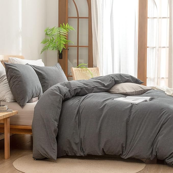 BESTOUCH Duvet Cover Set 100% Washed Cotton Linen Feel Super Soft Comfortable Chic Lightweight 3 PCs Home Bedding Set Solid Dark Grey Oversized King