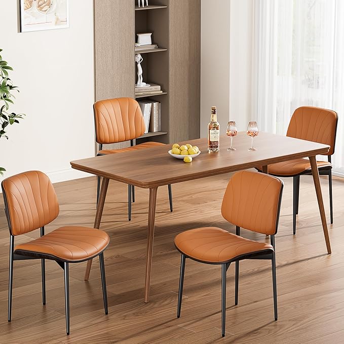 Dining Chairs Set of 6, Mid-Century Modern Upholstered PU Leather Chairs with Walnut Back and Metal Legs Adjustable Feet for Kitchen Dining Room, Orange Shell Strips