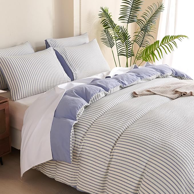 Comforter Set Queen Striped Blue 100% Soft Washed Microfiber Jacquard 3 Pieces Striped Bedding Sets Blue White Comforter for All Seasons and 2 Pillowcases Comfort Breathable