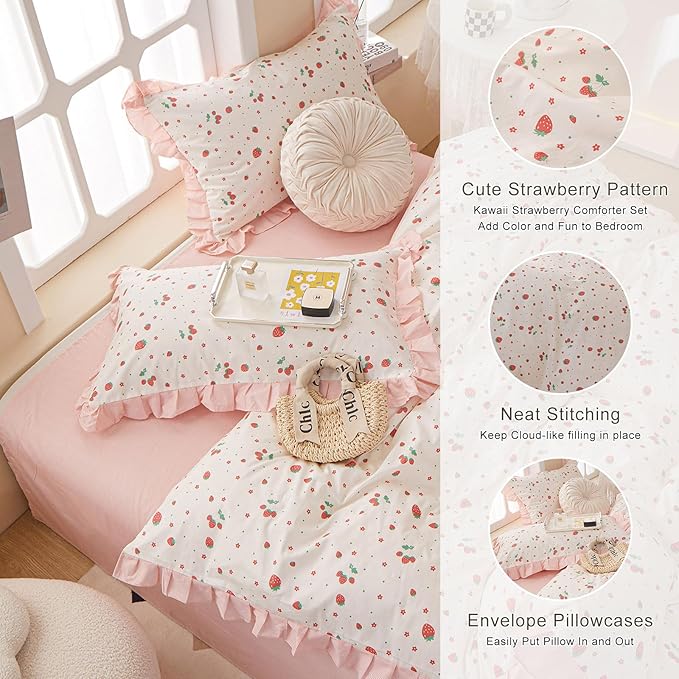 EAVD Kawaii Strawberry Comforter Set Queen White Fluffy Microfiber Fruit Strawberry Bedding Set for Girls Women Ruffled Cute Comforter Set 1 Queen Bed Comforter and 2 Pillowcases for All-Season