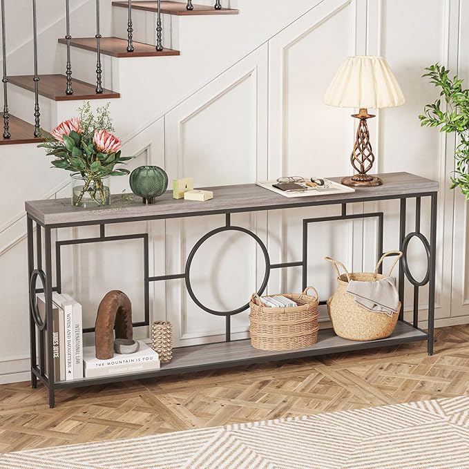 GOFLAME 71” Extra Long Console Table, 2-Tier Faux Wood Entryway Table with Storage Shelf, Geometric Metal Frame, Industrial Accent Table, Narrow Sofa Table for Living Room, Hallway