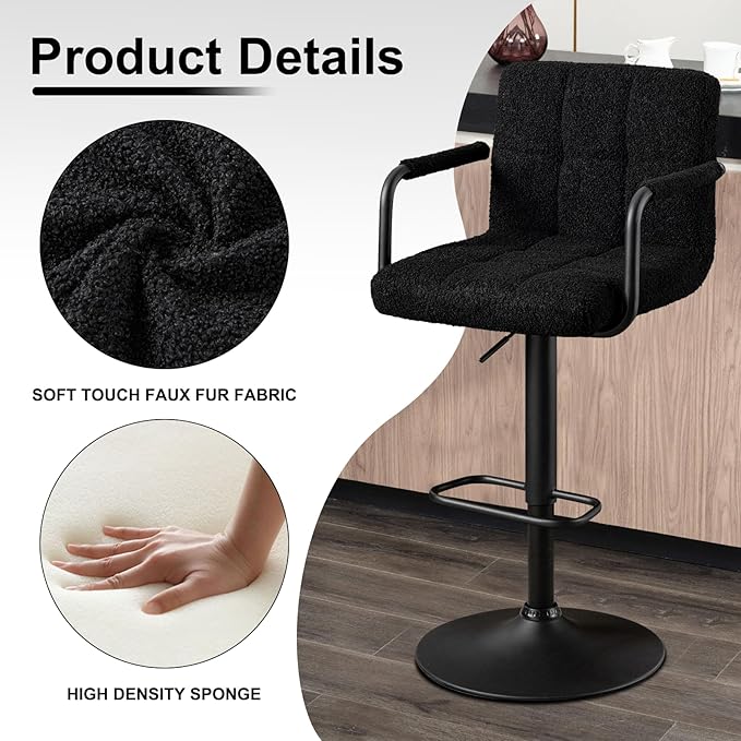 Furnimart 30" Artificial Sherpa Upholstered Bar Stool, Adjustable Counter Stools Bar Chairs Modern Design Swivel Barstools Hydraulic Stools for Kitchen and Dining Room Set of 2 (FauxFur-Black)