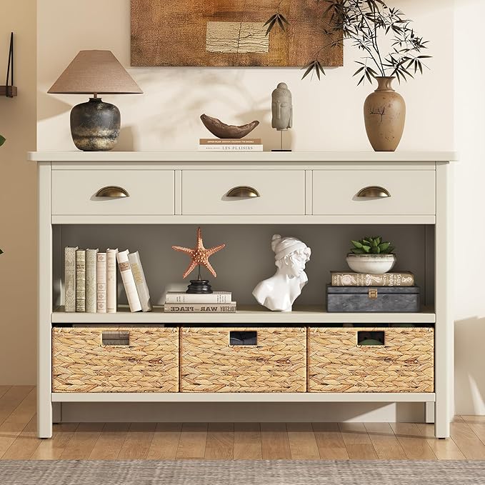 GDFStudio 47" Retro Console Table with 3 Drawers & Water Hyacinth Baskets, Wooden Entryway Buffet Table with Lower Shelf, Vintage Side Board Storage Cabinet for Entryway Living Room, Antique White