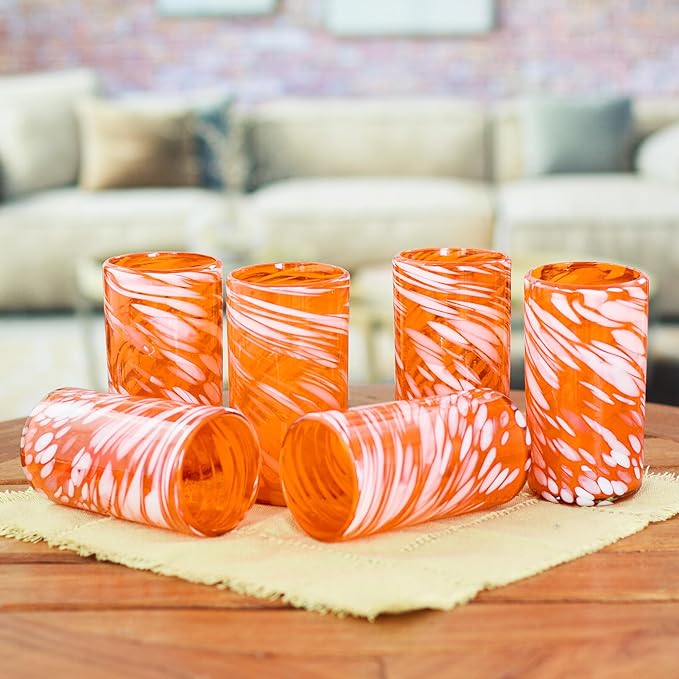 NOVICA Artisan Crafted Handblown Recycled Tumblers Glass | Striped Juice Drinkware | Tableware Glasses | Elegant Style | Emerald Orange | Toxins Free | Mexico 6" H x 3.1" Diam. (Set Of 6)