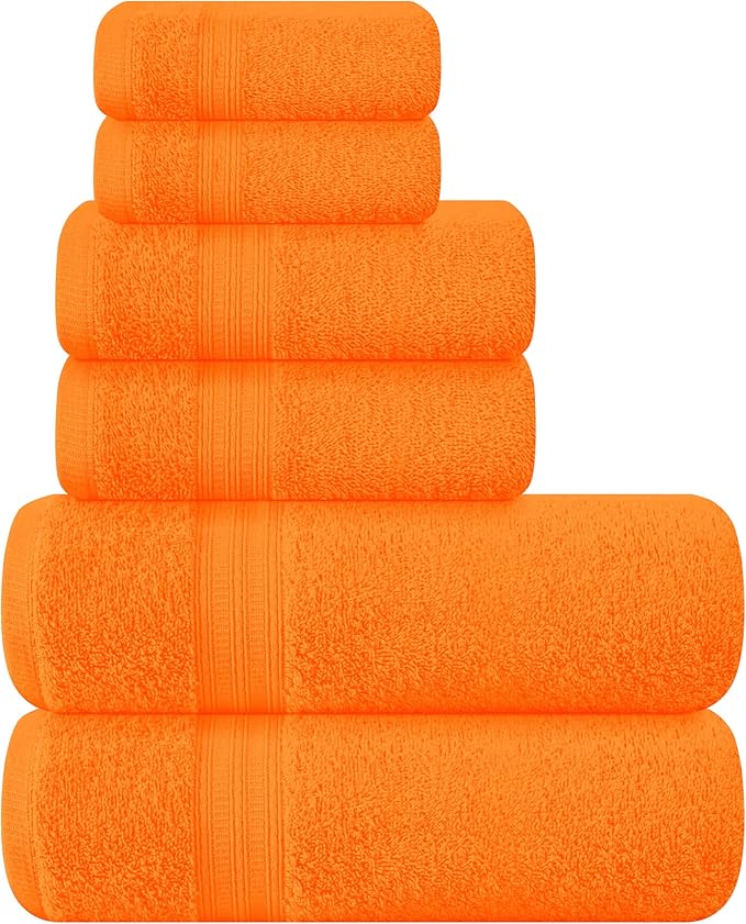 BOUTIQUO 6 Pack Cotton Towel Set, Contains 2 Bath Towels 27x54 inch, 2 Hand Towels 16x24 inch & 2 Wash Coths 12x12 inch, Ideal Everyday use, Ultra Soft Compact & Lightweight - Orange