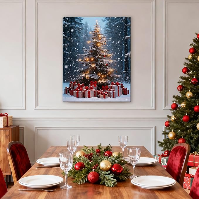 Framed Christmas Pictures Wall Decor,Vintage Pine Tree Prints,Winter Christmas Canvas Wall Art Decoration for Bedroom Bathroom Living Room Rustic Xmas Holiday Gifts (Christmas Tree 14, 20'' X 32'')