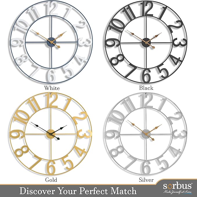 Sorbus 24-Inch Large Wall Clock – Decorative Silver Metal Clock with Gold Hands – Silent, Battery Operated, Modern Wall Decor for Living Room, Kitchen, or Office, Great Gift for Housewarming or Office