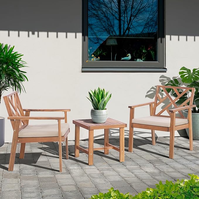 3 Piece Outdoor Patio Furniture Set, Wooden Conversation Patio Set with Padded Cushion Chairs and Coffee Table, Acacia Wood Lounge Conversation Set for Porch Balcony Deck Backyard