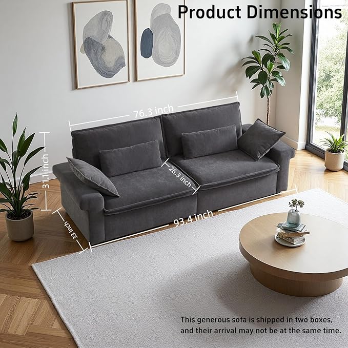 94 Inch Sofa, Oversized Couch with Wide Arms, Modern 2-Seater Sofa w/Throw Pillows, Chenille Fabric, Deep Seat Cushion, Easy Assembly, Comfy Couch for Living Room, Apartment, Office, Dark Grey