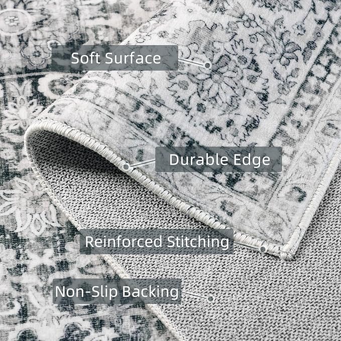 Grey Rug Runner 3x7 Ft Washable Hallway Runner Rug Runner Non-Slip Boho Vintage Runner Rugs with Rubber Backing Soft Distressed Carpet for Kitchen Bedroom