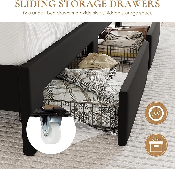 SHA CERLIN Velvet Queen Bed Frame with Vertical Channel Tufted Wingback Headboard & 2 Storage Drawers/2-Tier Shelves with LED Lights & Charging Station/Noise-Free/No Box Spring Needed/Black