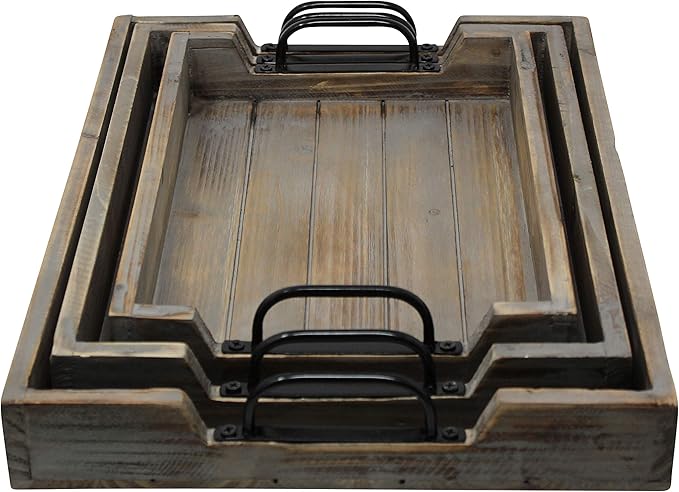 3 Pie­ce Decorative Nested Vintage Wood Serving Tray Set for Coffee Table or Ottoman – Rustic Wooden Breakfast Trays for Kitchen, Dining Room, or Living Room – Farmhouse Platter w/Handles - Barnwood