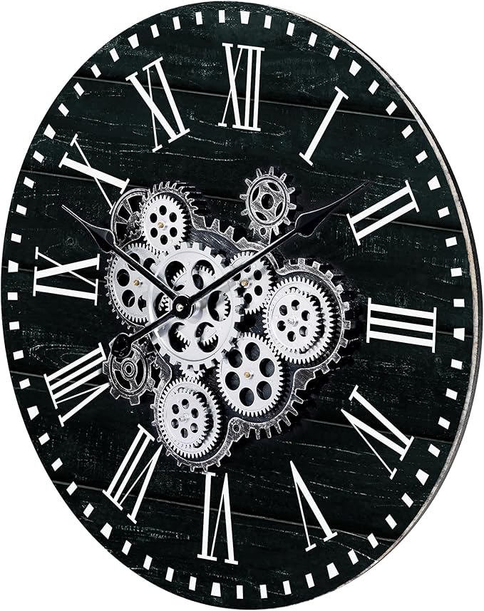Lafocuse 23 Inch Wooden Large Wall Clock with Moving Gears, Roman Numeral, Black, Unisex
