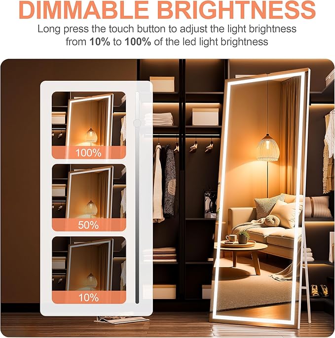 Full Length Mirror with Lights, 75" x 28" LED Lighted Floor Standing Mirror, Tempered Glass, Square White