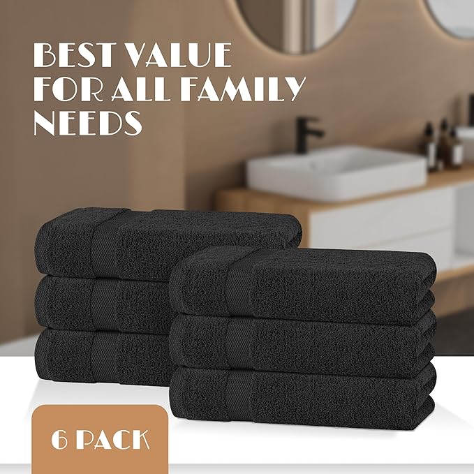 Wealuxe Black Bath Towels 24x50 Inch, Cotton Towel Set for Bathroom, Hotel, Gym, Spa, Soft Extra Absorbent Quick Dry 6 Pack