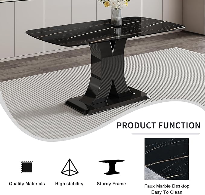 Modern Dining Table Set for 4, Marble Kitchen Table Chair Set for 4, Rectangular Kitchen Table with PU Leather Upholstered Chair for Dining Room (Brown-C)