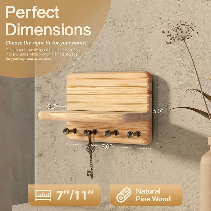 Rebee Vision Small Key Holder Wall Mount for Home Organization – Decorative 7-inch Pine Wooden Key Holder for Wall with 4 Hooks & Floating Shelf - Stylish Home Decor Solution (Natural Wood)