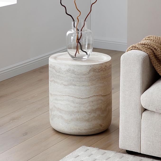 Small Round Coffee Table 15.74" Marble Pattern Drum Shaped End Fiberglass Cocktail Side Table for Living Room Bedroom Office