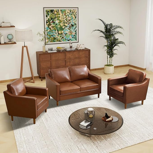 Kingfun Living Room Furniture Sets, 2 Armchair and Loveseat, Mid Century Modern Sofa Set, Faux Leather Couch with Solid Wood Frame for Living Room & Bedroom, Dark Brown