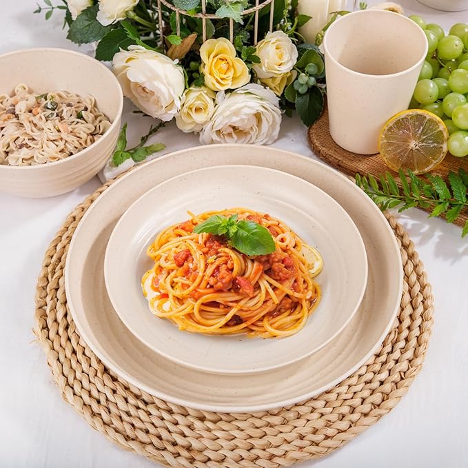 LIYH 16 Pcs Beige Wheat Straw Dinnerware Sets - Unbreakable Dinner Cream Plates,for 4 Plates and Bowls Set, Plastic Dinnerware Set Wheat Straw Bowls Cups Dish for 4 for Kitchen & Camping
