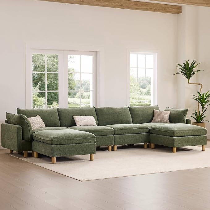 CHITA 127" Super Large Sectional Couches for Living Room, Modular Cloud Couch Sectional Sofa, Premium Fabric Couches, Down Filled, High Density Foam, Chenille in Green, 4 Seat L Shaped