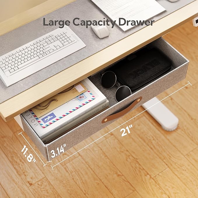 Seang Standing Desk with Drawer, 55" x 24" Height Adjustable Stand Up Desk, 3 Memory Height Settings with Cable Grommets & Storage Hooks, Ideal for Home & Office, Nature