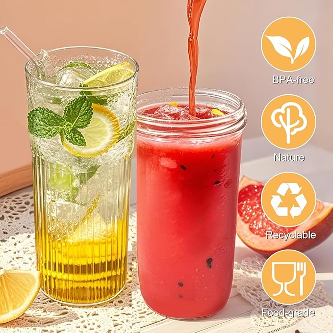 32oz Ribbed Glassware Large Cup, Glass Cups With Lids And Straws,Iced Coffee Cups With Lids,Glasses Drinking Set,Cute Cups,Boba Cup,With Straw Brush,Ideal Gift-2PCS