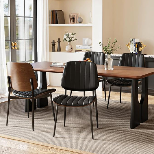 Modern Green Leather Dining Chair Set of 4, Bentwood Backrest & Black Metal Frame Ergonomic Comfort, Sustainable Style, Multi-Space Versatile, Black