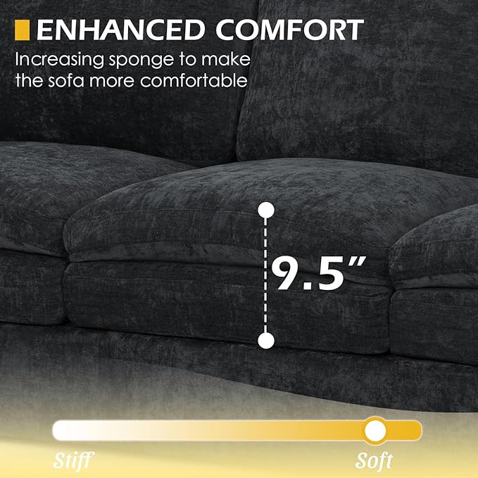 89” Chenille Sofa w/Arm Pillows, Upholstered 3-Seater Sofa w/Comfortable Back Cushions, Modern 3 Seats Couch w/High-Density Foam for Living Room, Apartment, Office, Black