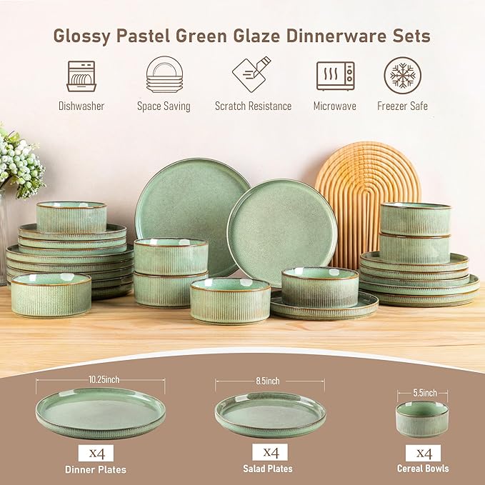 GBHOME Stoneware Dinnerware Sets for 4,Round Reactive Glaze Ceramic Plates and Bowls Set,Highly Scratch Resistant | Dishwasher & Microwave Safe Dishes Set,Service for 4(12Pcs),Pastel Green