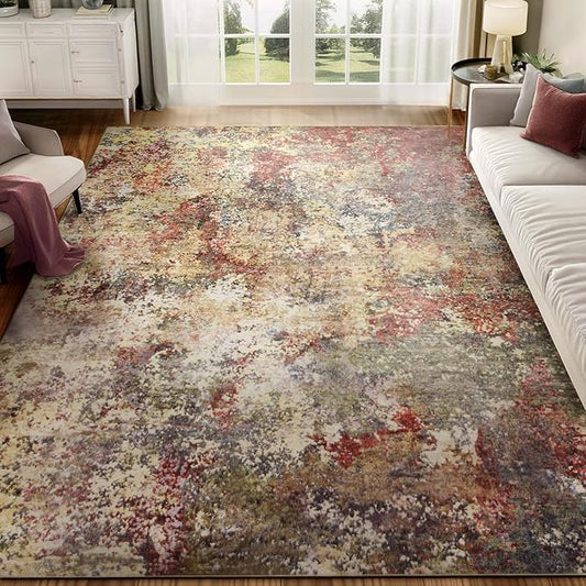Washable Area Rug for Living Room: 5x7 Modern Abstract Neutral Soft Rug for Bedroom Dining Room No Slip Low Pile Carpet for Nursery Home Office - Red/Ivory