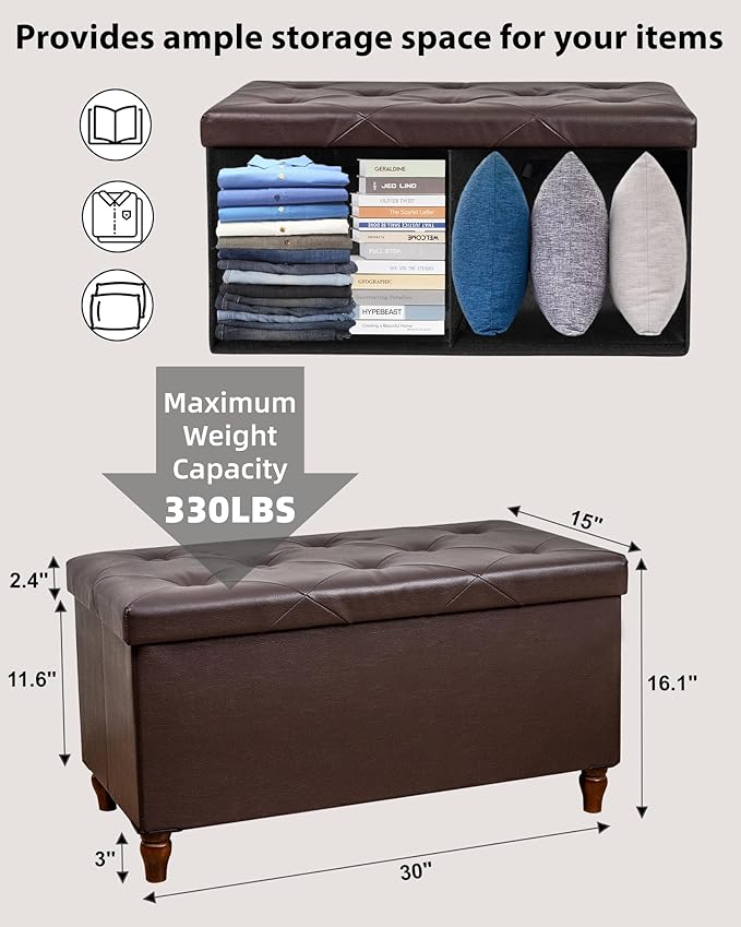 GLAXYFUR 30 Inches Storage Ottoman Bench with Wooden Legs, Faux Leather Folding Ottoman Foot Rest, Storage Bench for Living Room, Hallway & Bedroom, Upgrade Large Capacity (Engineered Wood, Brown)