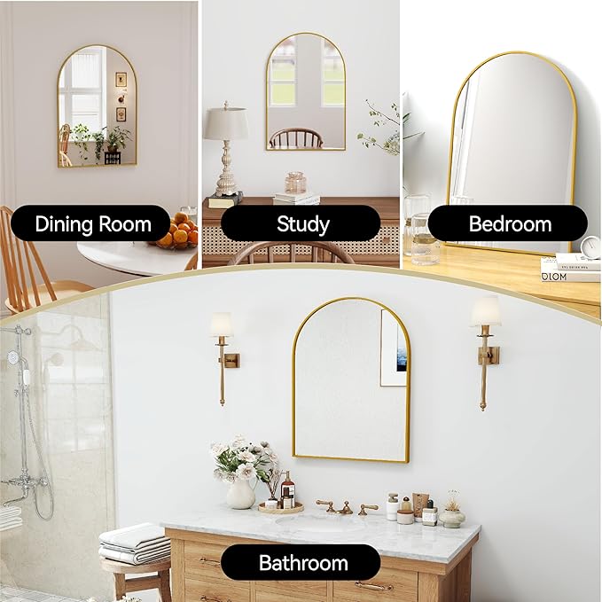 30x20 Arch Mirror Rectangle Wall Mounted Hanging or Against Wall Metal Aluminum Alloy Frame Mirrors for Entryway Bedroom Bathroom Living Room 30 20 inch Gold