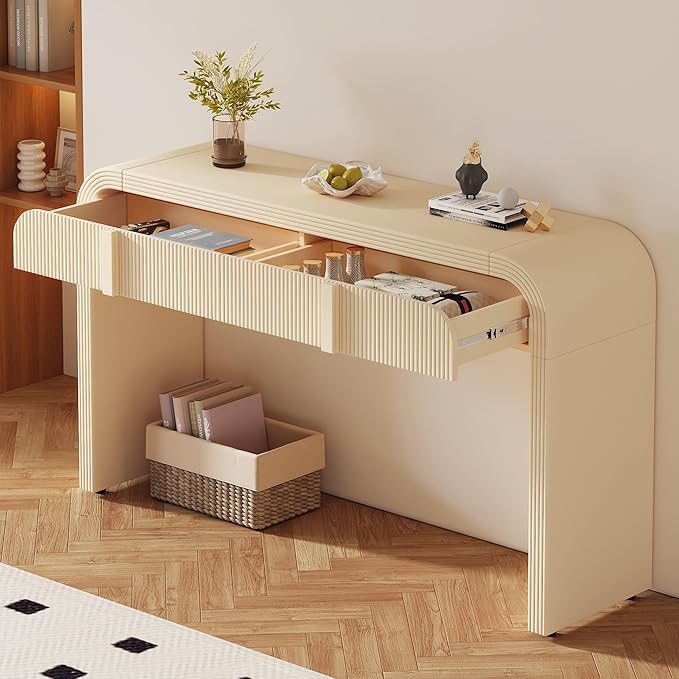 Modern Curved Entryway Console Table 55-Inch Entry Sofa Table with Storage Drawers for Living Room Entrance Hallway Accent Furniture (Apricot Cream)