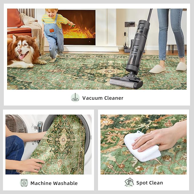 Deerly Green Rug 3x5 Area Rug with Non-Slip Backing, Washable Rugs for Bedroom Living Room Kitchen, Distressed Carpet Printed Low-Pile Soft Dorm Rug Room Decor(Border Green)