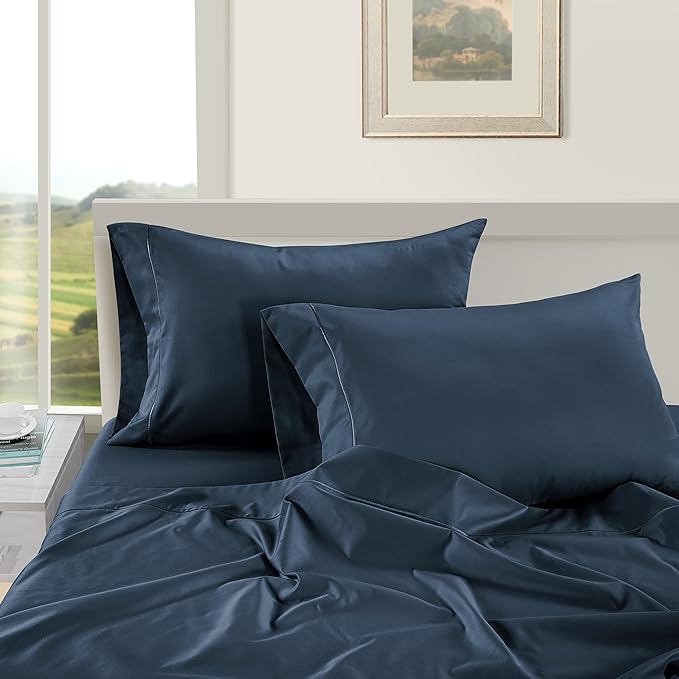 LANE LINEN 100% Egyptian Cotton Split King Sheets for Adjustable Beds - Soft & Comfy Sateen Weave Naturally Cooling Breathable Oeko Tex Certified Bed Sheets - Dark Denim