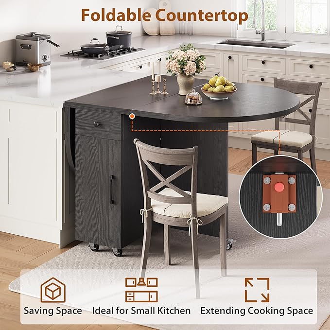 Folding Dining Table for 4 Kitchen Dining Room DinnerTable with Storage Drawer Space Saving Oval Foldable Drop Leaf Gateleg Furniture for Small Space (Black, 47 * 23.6 * 30)