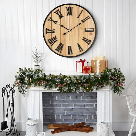 Large Wall Clock 30IN, Silent Metal Wood Style Wall Clocks Battery Operated for Living Room Decor, Farmhouse Big Wall Clock, Outdoor