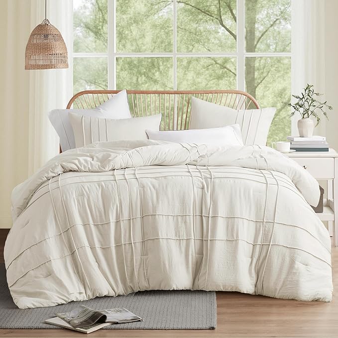 Comfort Spaces Neutral Full Size Comforter Set - 3 Pieces Pintuck Pleated Bedding Sets, All Season Lightweight, Extra Softness Pre-Washed Microfiber Full Bed Set, Shams, Full