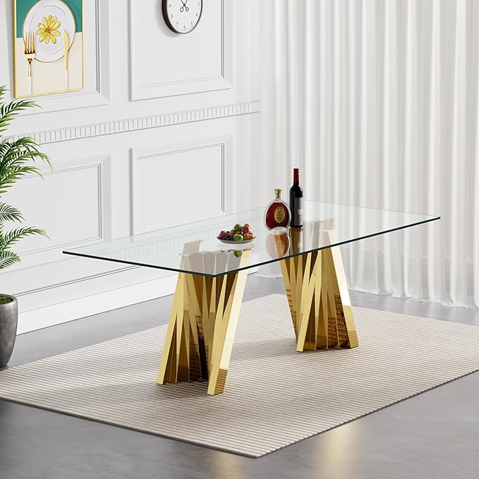 Goujxcy 70" Glass Dining Table Set for 4, Modern Gold Dining Table Set with 4 Beige Velvet Upholstered Dining Chairs, 5 Piece Kitchen Dining Room Table Set with Stainless Steel Legs