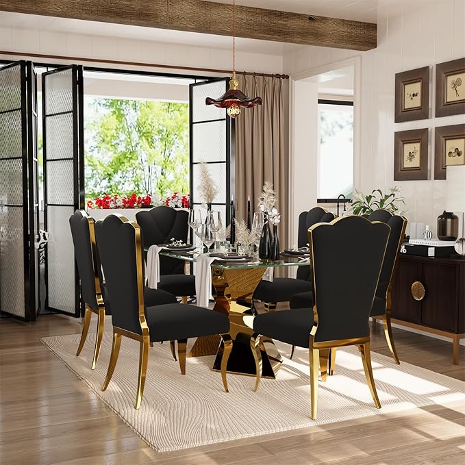 63in Gold Dining Table, Rectangular Glass Dining Table for 4-6 with Waved Legs in Polished Gold Chrome Finish, for Luxury Kitchen, Dining Room, Living Room,Apartment