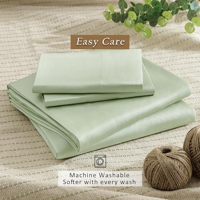 TOSMO Luxury Cooling Sheet Set - 100% Viscose from Bamboo, 4-Piece Bedding Set (Full Size) - 18” Extra Deep Pockets, Oeko-Tex Certified, Silky Soft and Breathable, Light Green