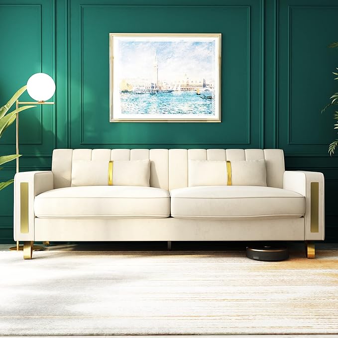 Couch 85.62" 3 Seats Sectional Velvet Fabric Sofa Easy Assemble Sofa Bed with 2 Couch Pillows,Gold Metal Legs for Living Room (P17, Beige)