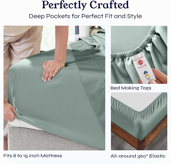 California Design Den Split King Sheets Sets for Adjustable Bed - Soft 400 Thread Count Sateen, Natural 100% Cotton Sheets with Deep Pockets, Breathable, Cooling and Durable Bedding Set - Sage Green